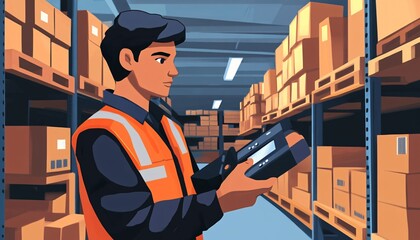 A male warehouse worker wearing an orange safety vest scans a package with a handheld device amongst high storage racks filled with cardboard boxes.