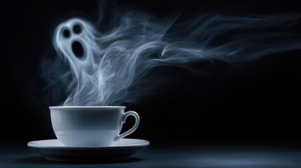Business growth and change visualized as a ghostly figure rising from a steaming coffee cup on dark background