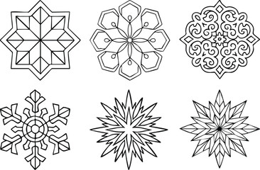 Six unique snowflake mandalas coloring page designs for winter fun white background