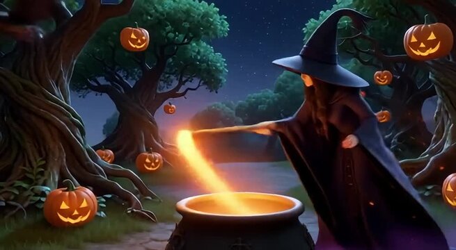 Mystical witch conjures magic potion under glowing pumpkins in enchanted forest night