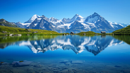 Naklejka premium Snow-capped peaks of the Swiss Alps reflected in a crystal-clear alpine lake.