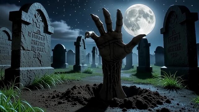 Zombie hand emerges from grave under full moon in spooky cemetery setting