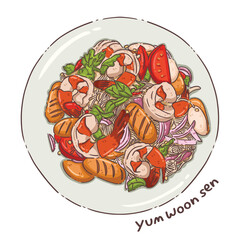 Hand-Drawn Thai Glass Noodle Salad (Yum Woon Sen) Illustration