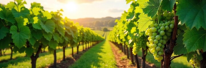 Naklejka premium Lush green grapevines laden with ripening grapes hang heavy on the vine, bathed in warm sunlight A picturesque view of a thriving vineyard in full summer splendor , plant, sunny, agriculture