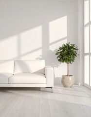 Bright living room with a white sofa and potted plant