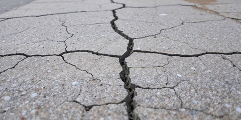 Obraz premium Close-up view of gray cracked pavement illustrating urban wear and natural distress. Ideal for text and graphics