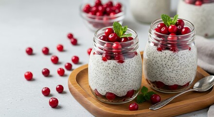 Nutritious Chia Pudding Desserts Served in Jars with Cranberries and Mint