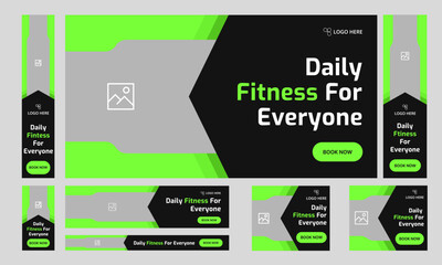 Trendy body fitness services web bundle banner design for social media post, daily exercise methods web set banner design, fully customizable vector eps 10 file format