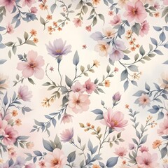 Obraz premium Watercolor floral pattern of hand-painted wildflowers and sprawling leaves,created for wallpaper and fabric, illuminated with diffused, even