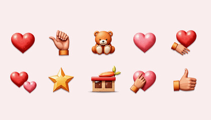 Colorful Assortment of Heart Emoticons with Teddy Bear, Thumbs Up, and Star on Light Background for Creative Communication Expression
