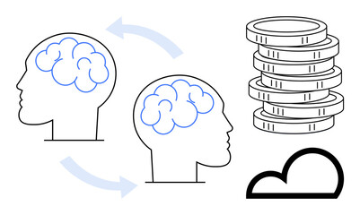 Two interconnected brains symbolizing knowledge sharing, stack of coins representing wealth, cloud for networking. Ideal for education, business, collaboration, investment, innovation, strategy