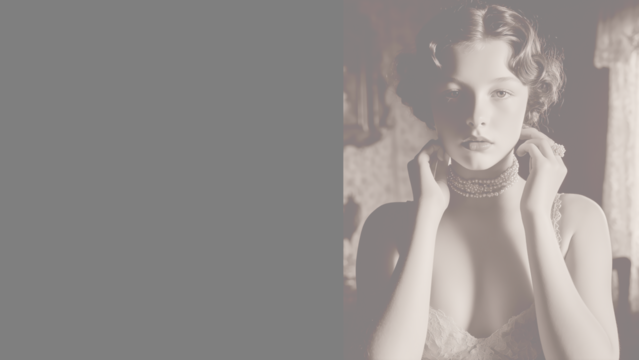 真珠のネックレスを着けるヴィンテージスタイルの若い女性