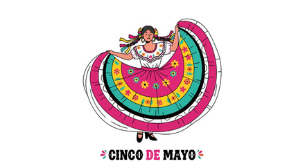 Vibrant vector art of a female folklorico dancer with a swirling skirt for a festive Latin American holiday celebration