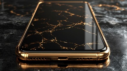The luxury smartphone sits gracefully against a black velvet background, showcasing its golden frame and sleek design, while providing ample space for branding elements.
