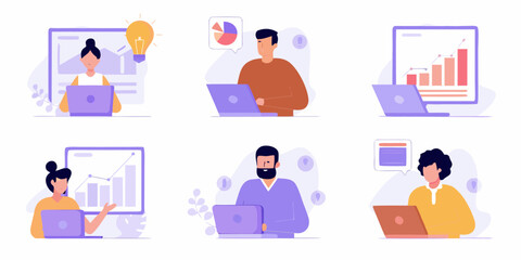 Diverse business professionals collaborating and analyzing data on laptops in a modern flat illustration style