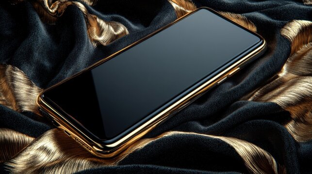 Luxury smartphone featuring a golden frame resting elegantly on a black velvet backdrop, highlighting premium design and offering ample branding space