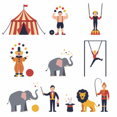 Colorful Circus Entertainment Illustration with Performers, Wild Animals, Magician, and Big Top Tent on White Background for Kids and Family Fun