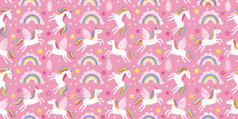 Whimsical seamless pattern featuring flying white unicorns with rainbow manes and tails and colorful clouds and stars on a pink background © Mityunjoy