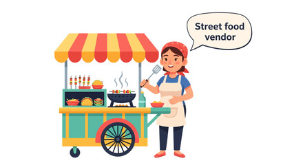 Cheerful female street food vendor grilling delicious skewers at her vibrant mobile cart, an inviting scene of urban culinary culture and fresh, convenient dining