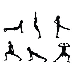 Silhouettes of People Doing Yoga and Stretching – Fitness Vector Set