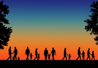 Fototapeta premium Silhouette of people walking at sunset, family concept, copy space