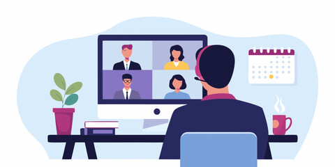 Man wearing headset participates in a video conference call with colleagues on a computer screen