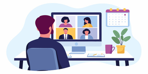 Man on a video conference call with colleagues working from home attending a virtual meeting
