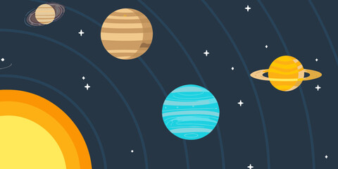 Stylized solar system with sun and planets in orbit against a dark starry sky © Mityunjoy