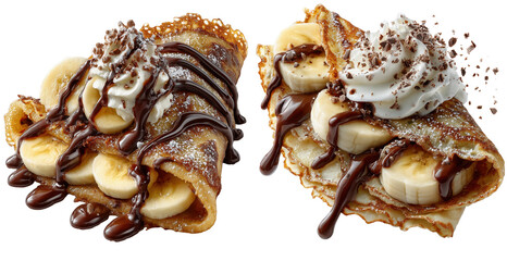 Delicious banana crepes topped with chocolate sauce and whipped cream create tempting dessert experience. combination of flavors and textures makes this dish irresistible