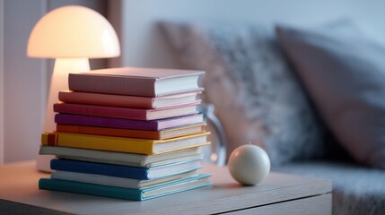Cozy night in with a book stack and warm lamp, perfect for relaxation and education concepts