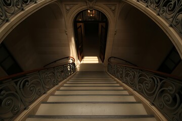Fototapeta premium Dramatic perspective of a long grand staircase leading up to a bright light at the top