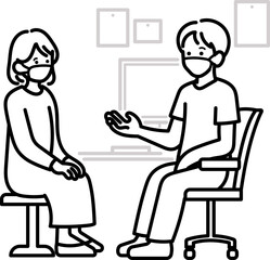 マスクをして診察をする医師のイラスト　線画のみ