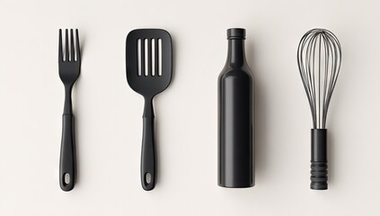 Fototapeta premium Flat lay of black kitchen utensils