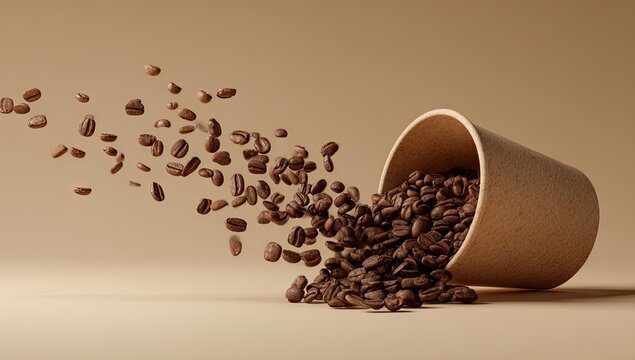 Coffee beans spill from a paper cup on a beige background