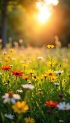 Fototapeta premium Golden hour sunlight bathes a vibrant summer meadow in warmth, wildflowers swaying gently in a soft breeze Perfect for idyllic summer, nature, and seasonal themes , wild, outdoors, meadow