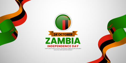 Zambia independence day greeting card, square banner background with warving ribbon flag
