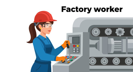 Skilled female operator in safety gear programming and managing an automated industrial production line machine