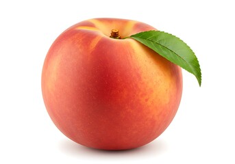 Fresh ripe peach with a green leaf isolated on white background