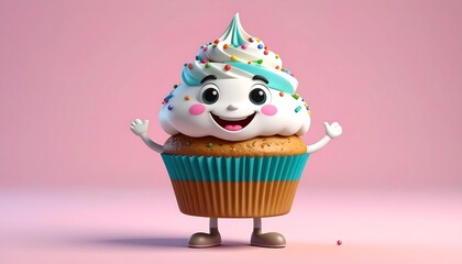 Happy Cupcake Character Smiling with Sprinkles and Topping