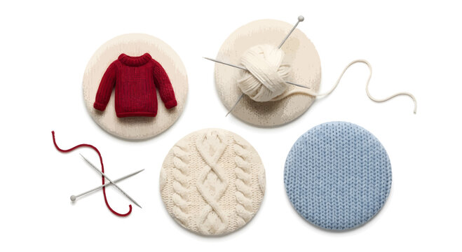 Cozy knitting supplies and finished knitted items, including a red sweater and a ball of wool with needles