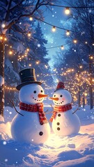 Obraz premium Romantic Winter Snowmen Couple Under String Lights.