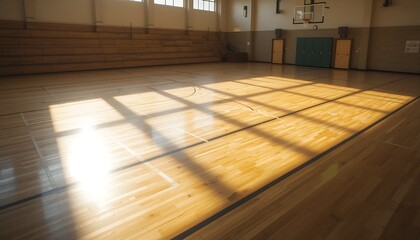 Fototapeta premium Sunlight streams across an empty indoor basketball court, casting shadows on a polished wooden floor