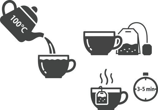 Tea brewing instructions hot water pouring tea bag steeping time infusion process vector