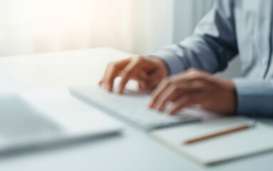 Hands typing on a keyboard next to a notebook and pencil on desk.