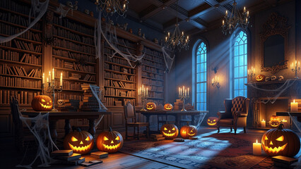 A spooky Halloween library with glowing jack-o-lanterns and cobwebs