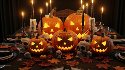 Halloween dinner table setting with jack-o-lanterns, skulls, and autumn leaves