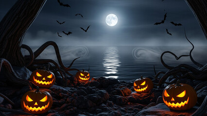 Scary Halloween night landscape with glowing jack-o-lanterns by the sea