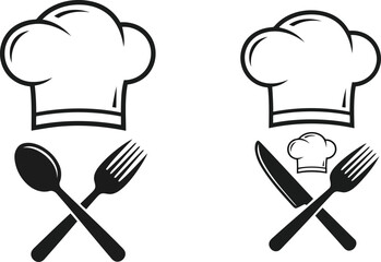 Chef hats crossed utensils culinary restaurant food service professional kitchen icon set vector
