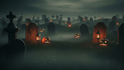 Halloween night in a foggy graveyard with glowing jack-o-lanterns and tombstones