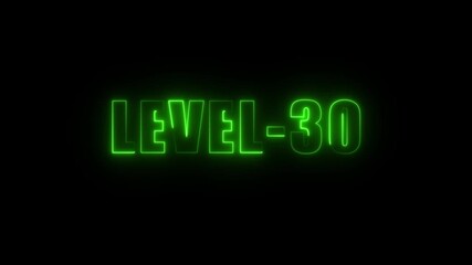 Neon green glowing text L E V E L 30 on black background digital animation achievement unlocked